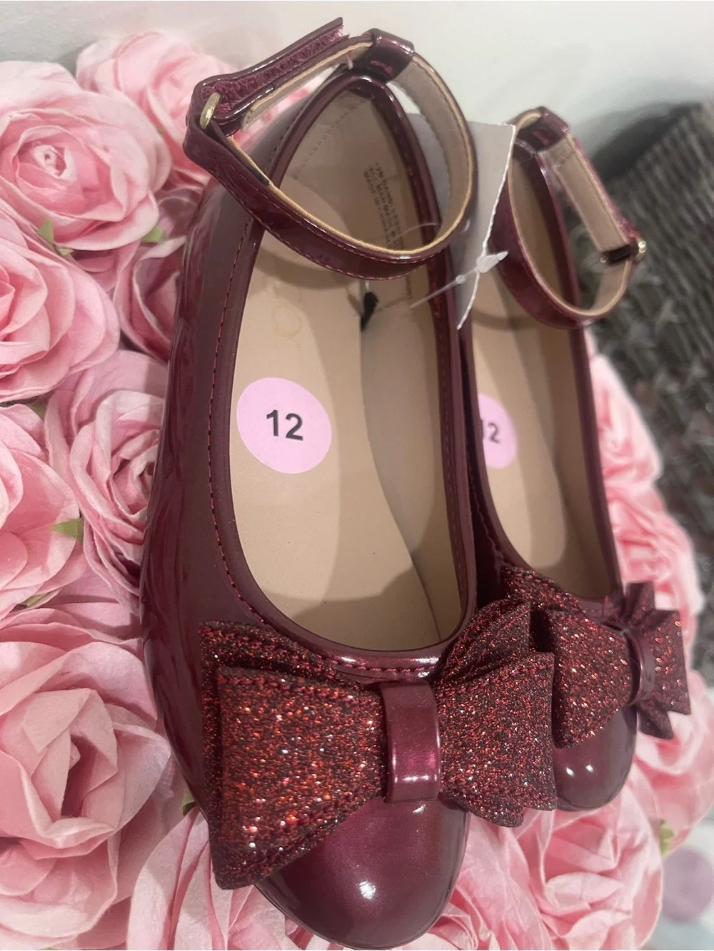 Sugar Girls Glitter Bow Mary Jane Shoes - Burgundy
